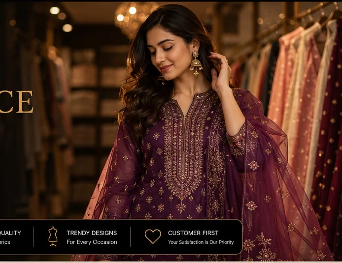 Elegant plum ethnic suit displayed in a premium clothing showroom