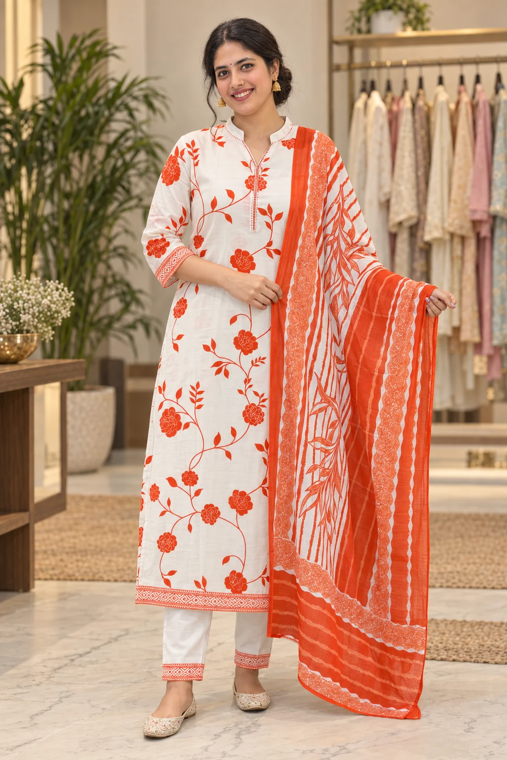 Model styling and design details for Ivory & orange cotton