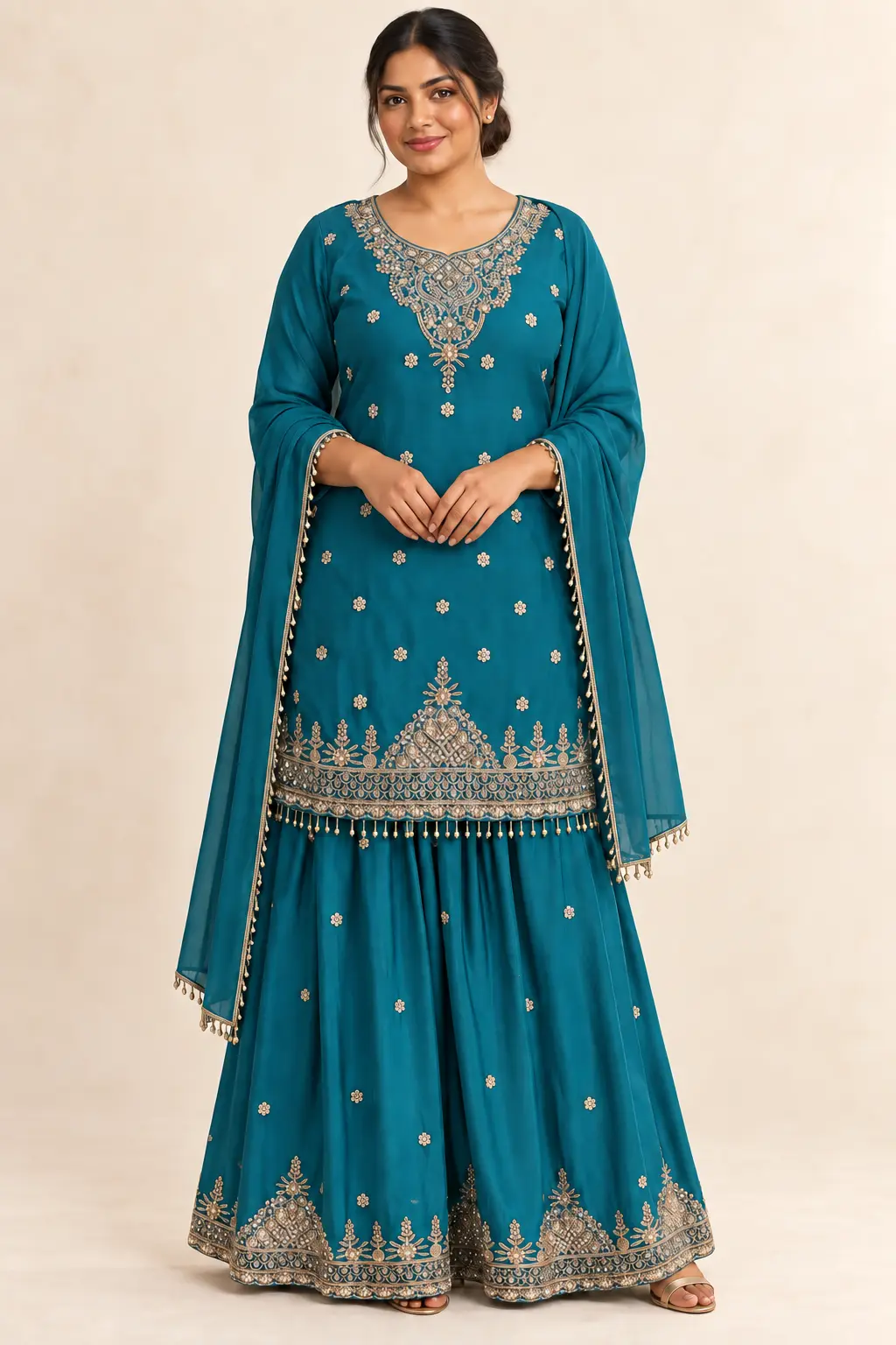 Model styling and design details for Teal embroidered