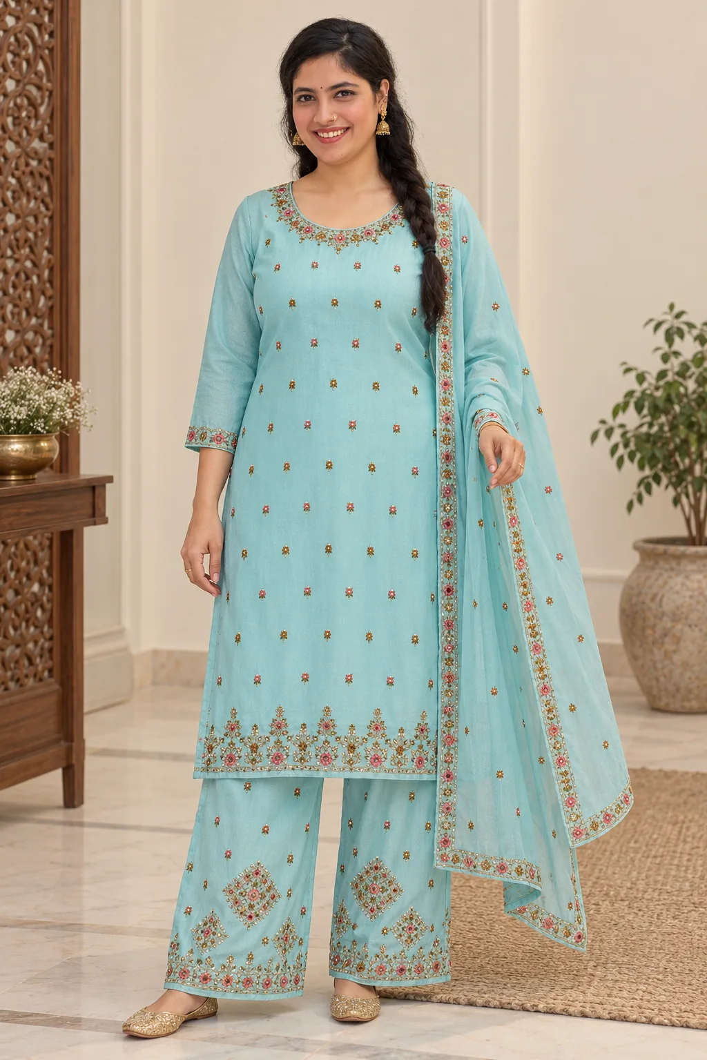 Model wearing a light aqua floral kurta and palazzo bottom with pink-and-gold medallions on the lower legs