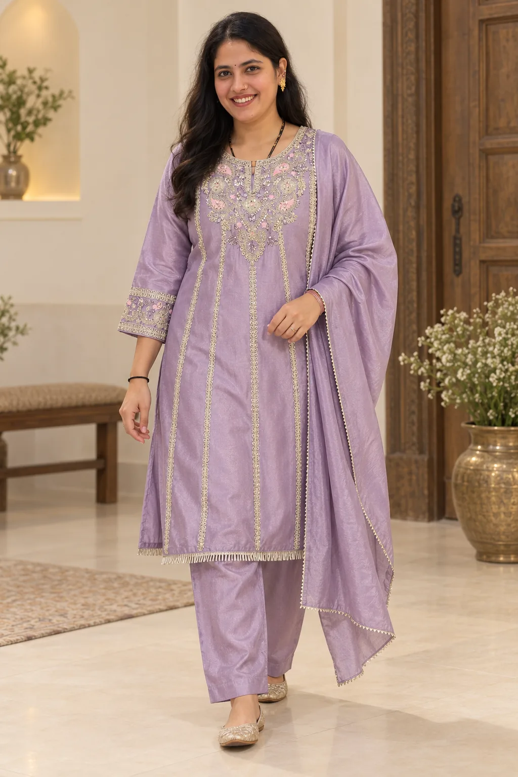 Model in a lavender suit with a pink paisley neckline, five vertical embroidered strips and plain trousers