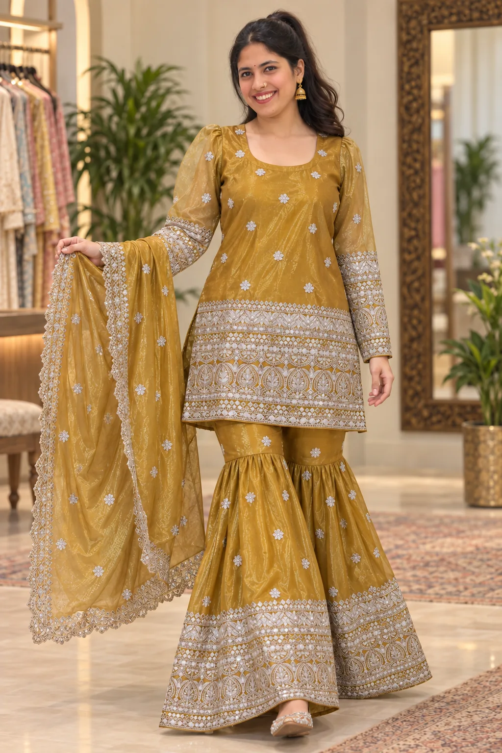 Model in a mustard gold short kurti and flared gharara with silver floral embroidery and a sheer dupatta