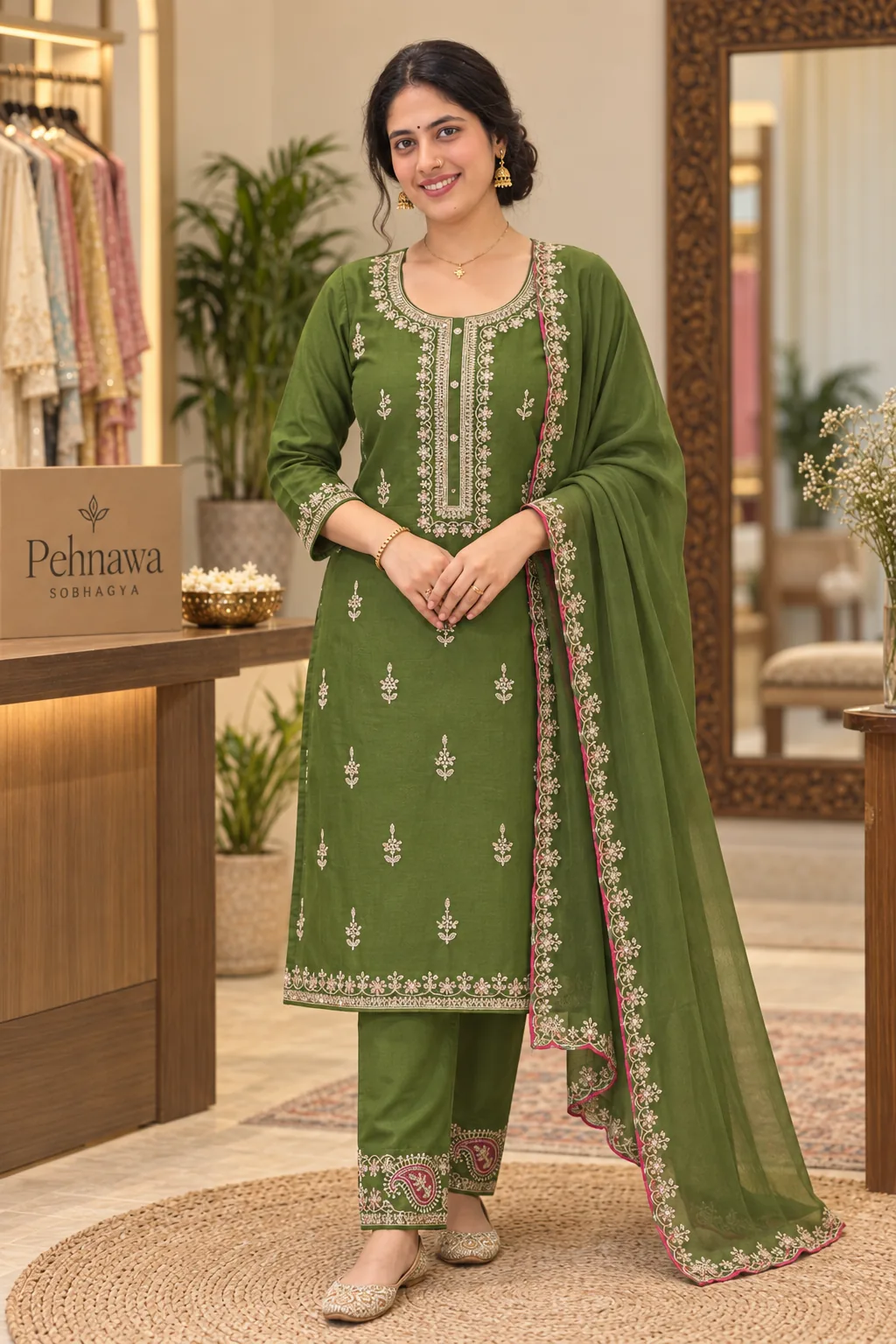 Model styling of olive green embroidered dress material with a gold floral neckline and motifs on the lower bottom