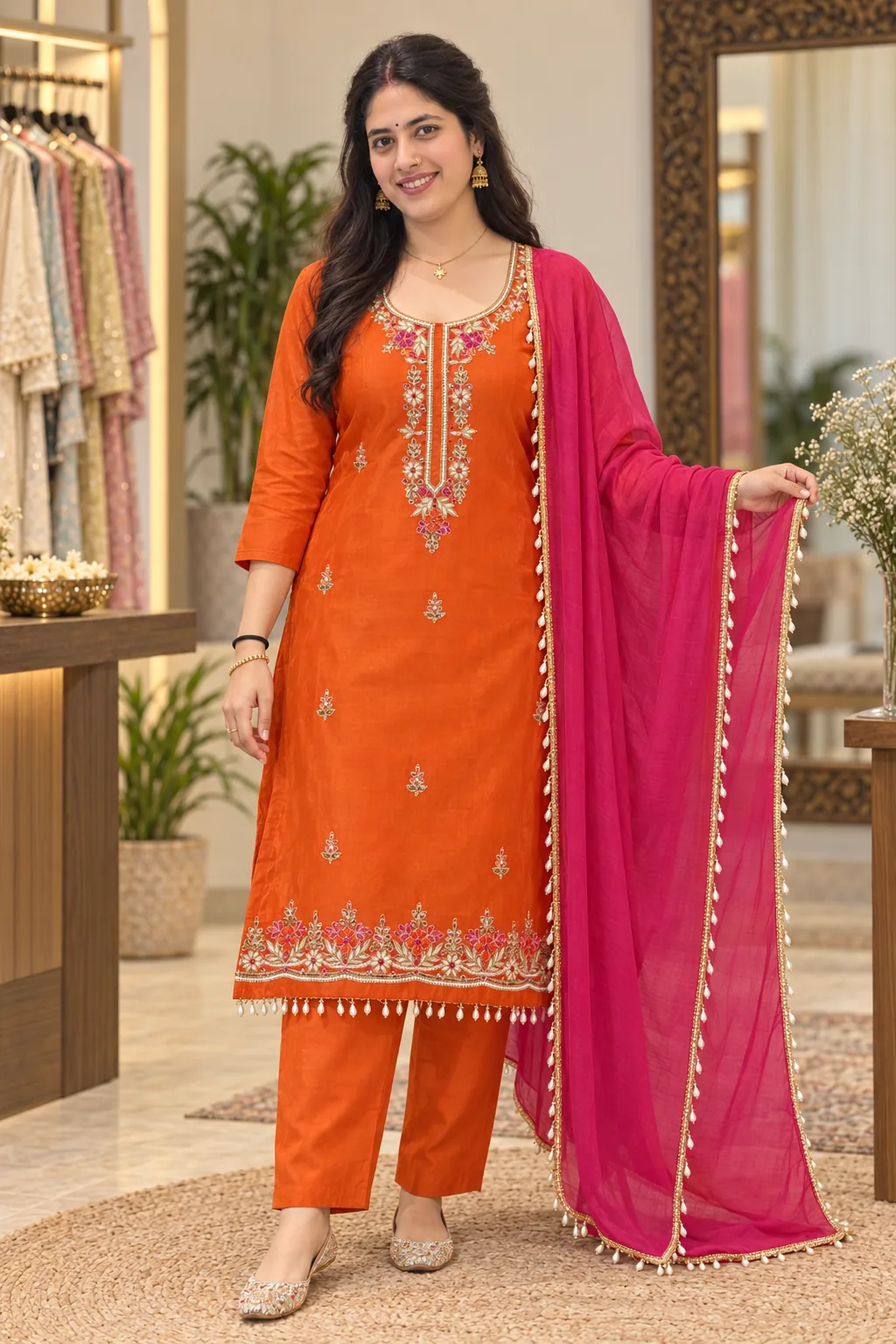Model styling of orange embroidered dress material with a rani pink dupatta and a completely plain orange bottom