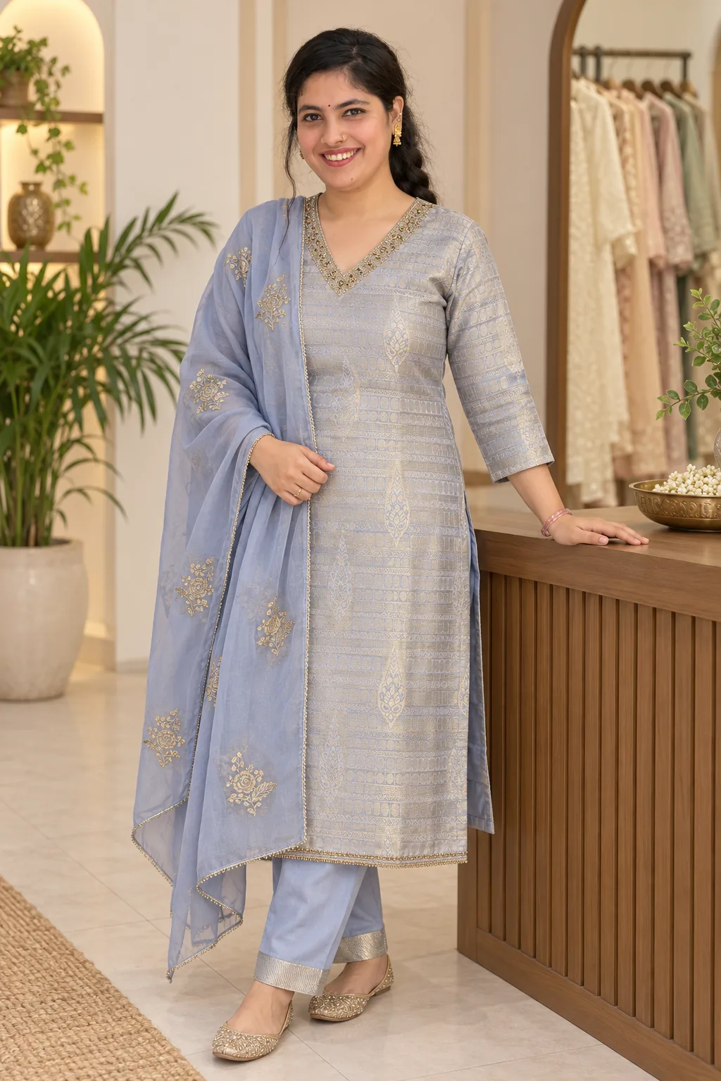 Model styling of a powder blue V-neck suit with champagne-gold woven motifs and a floral-sprig dupatta