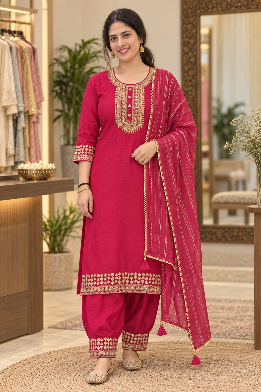 Model wearing a rani pink gold embroidered kurta with gathered salwar and a gold-striped dupatta