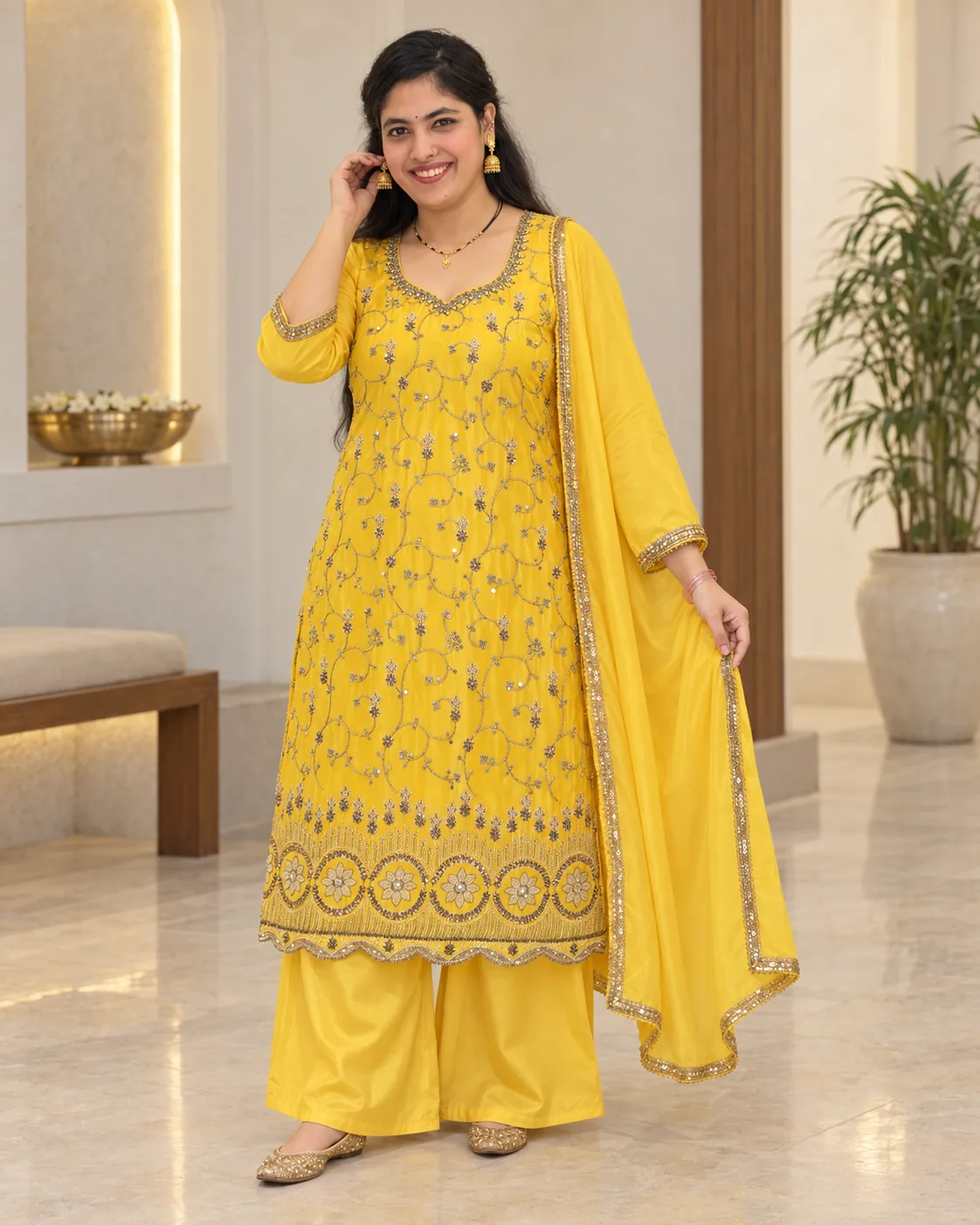 Model wearing a sunshine yellow floral-vine suit with a scalloped medallion hem and plain wide-leg bottom