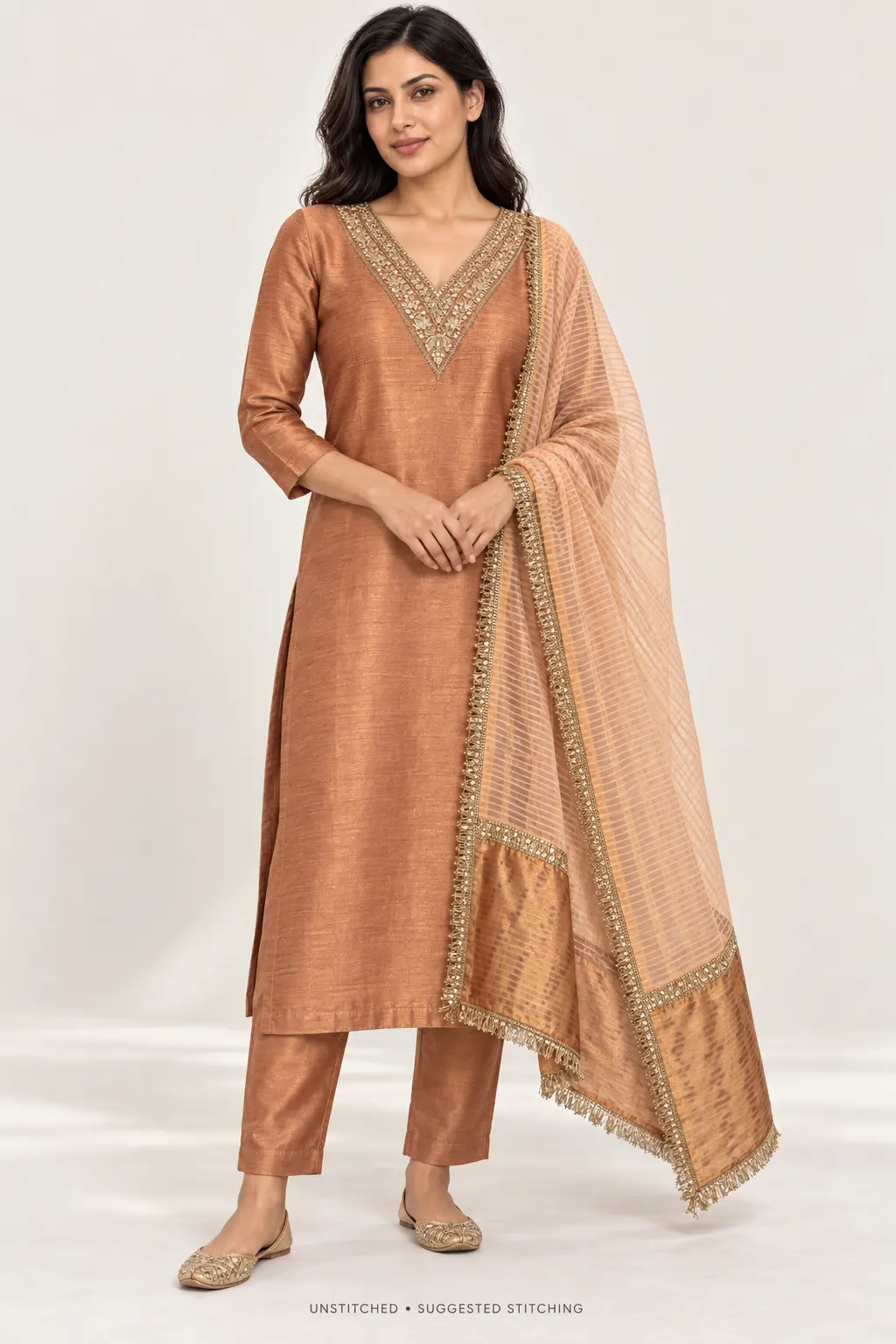 Model styling and design details for Gold V-neck
