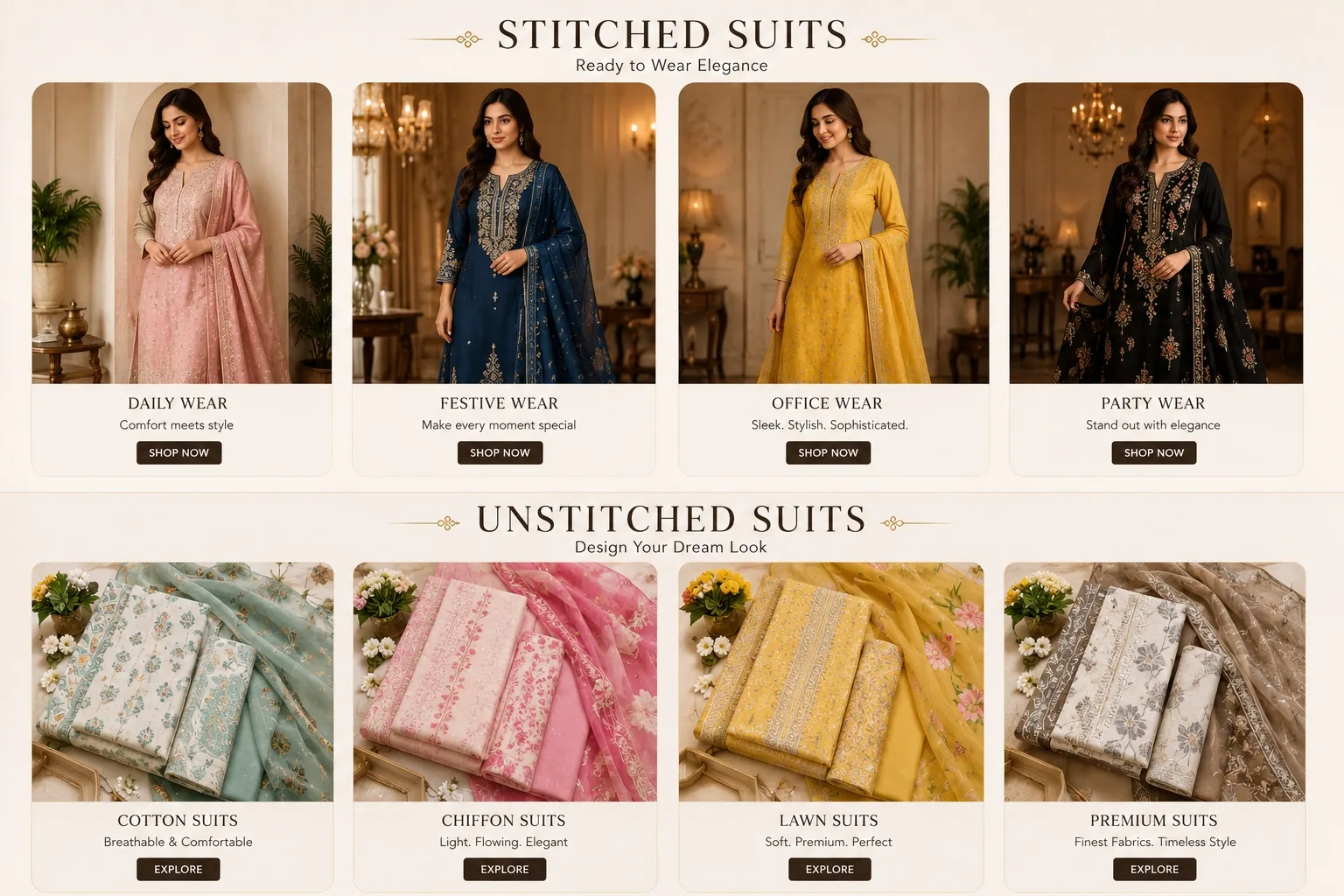 Stitched and unstitched suit collections from Pehnawa